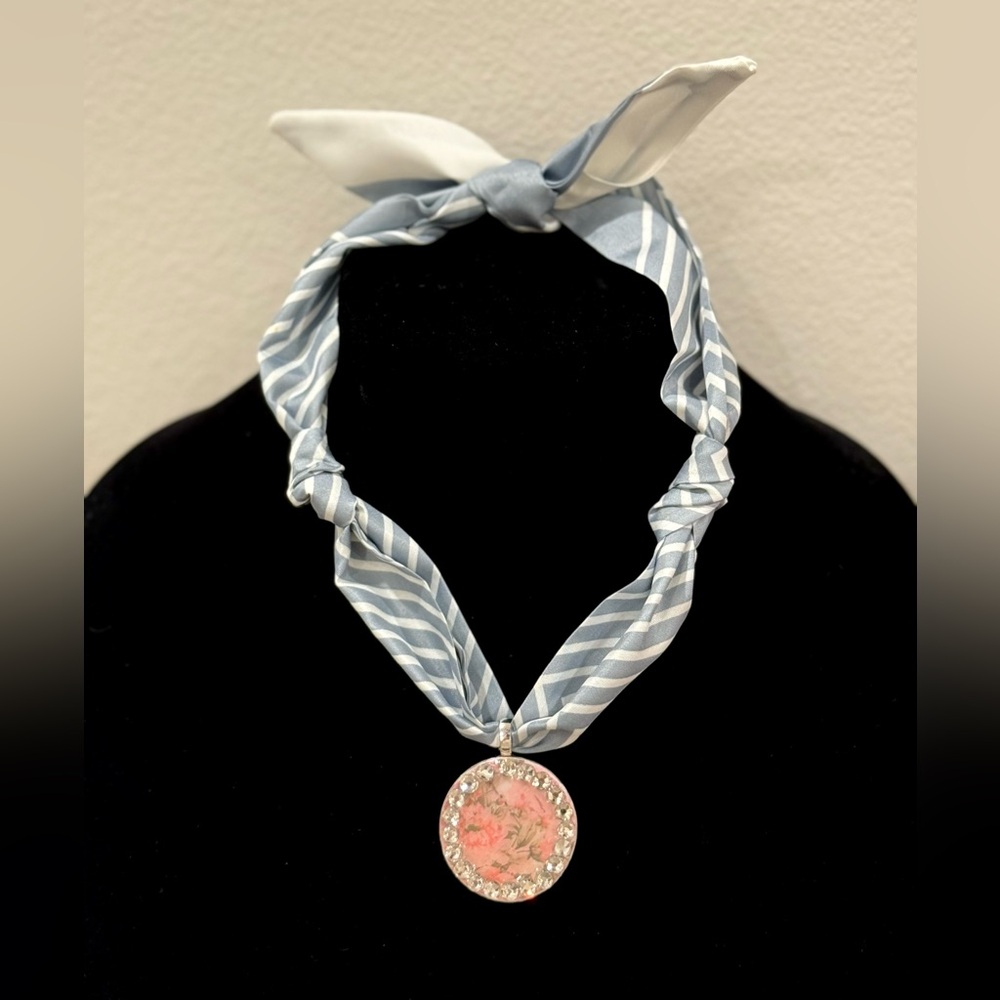 Striped Blue and White Scarf Necklace with handmade Pendant